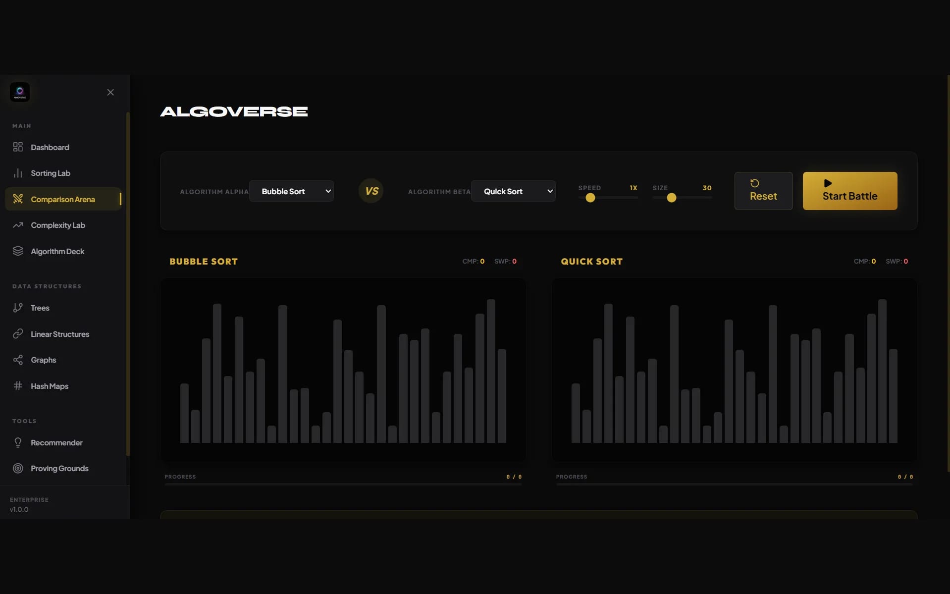 AlgoVerse — Comparison Arena — two algorithms on the same input, side by side.