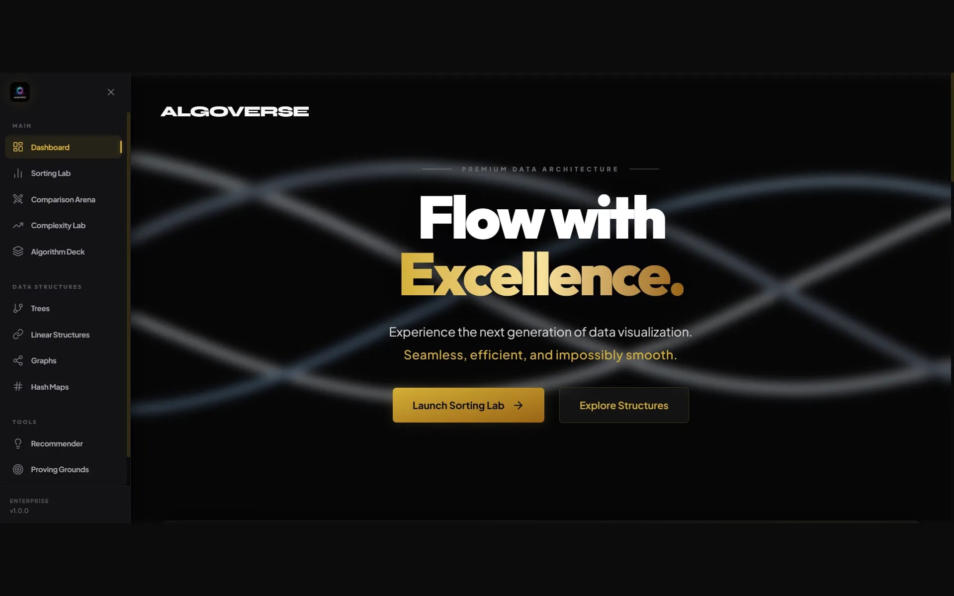 AlgoVerse — Dashboard — the two ways in: run a sort, or open a structure.