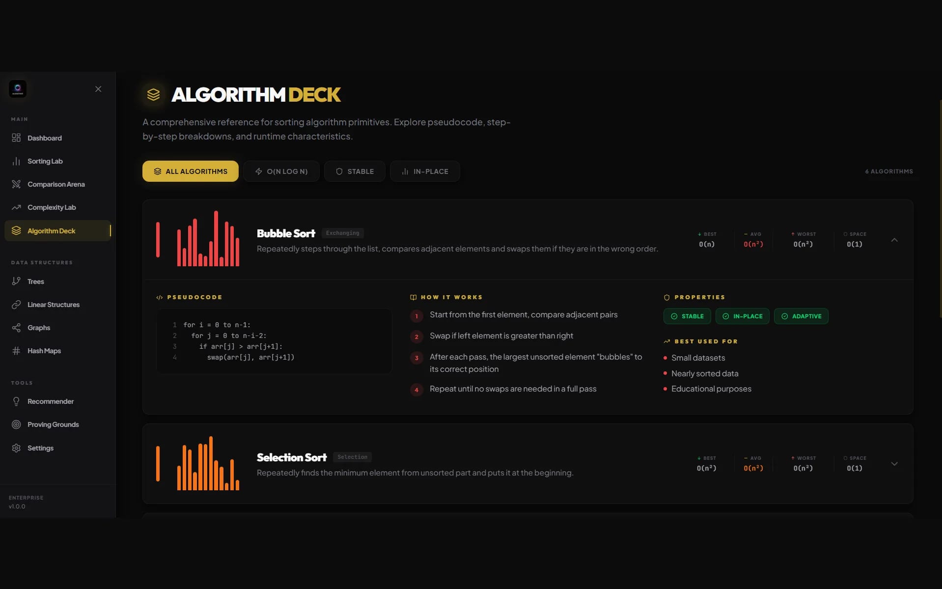 AlgoVerse — Algorithm Deck — pseudocode, properties and bounds for each primitive.