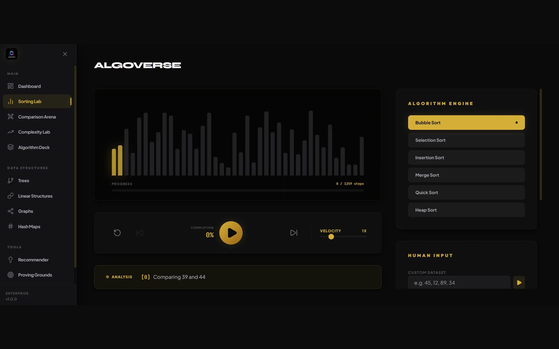 AlgoVerse — Sorting Lab: the array as bars, stepped one comparison at a time.