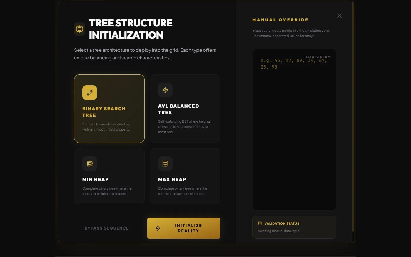 AlgoVerse — Choosing a tree to build: BST, AVL, min-heap or max-heap.
