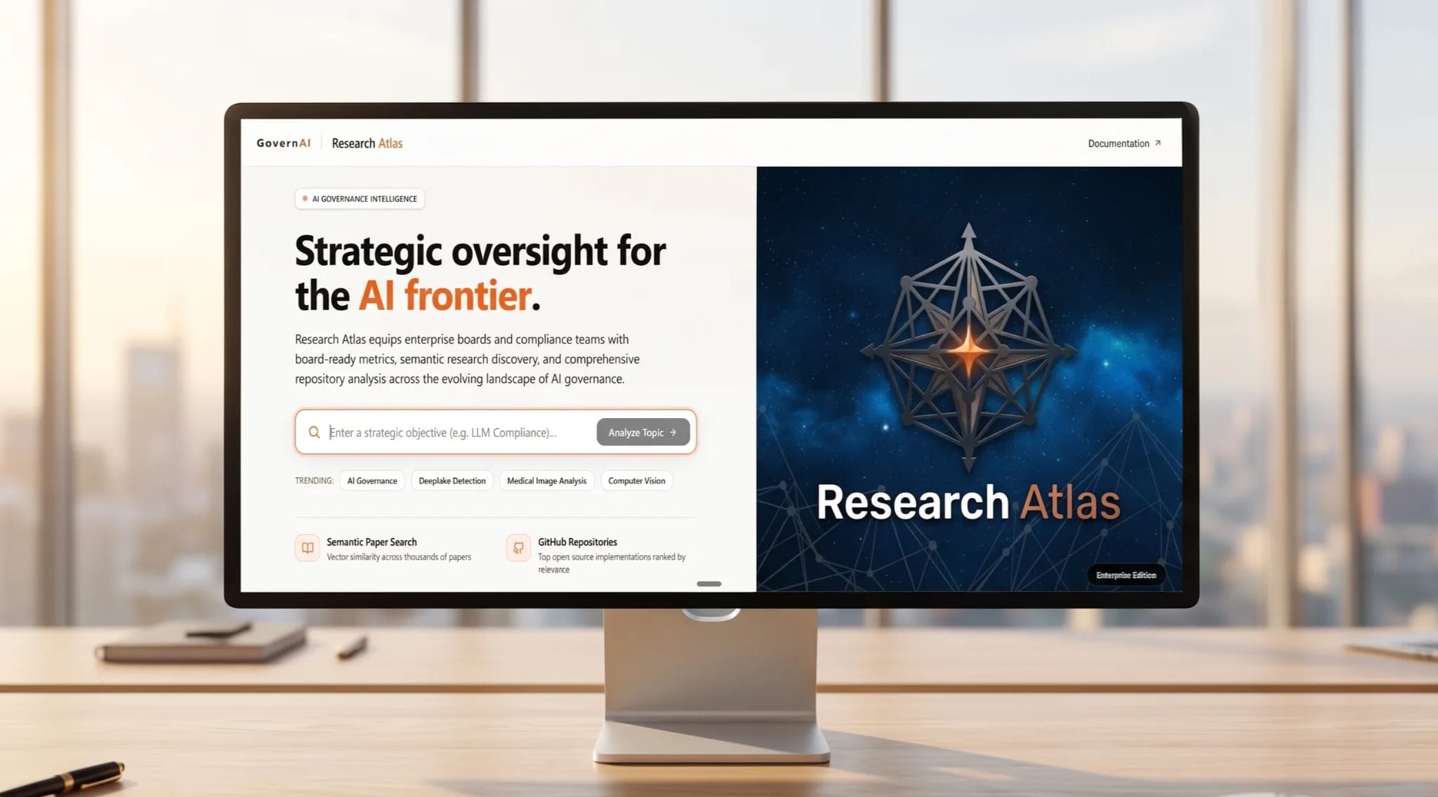 GovernAI Research Atlas — The entry point: state an objective, and the atlas is built around it.