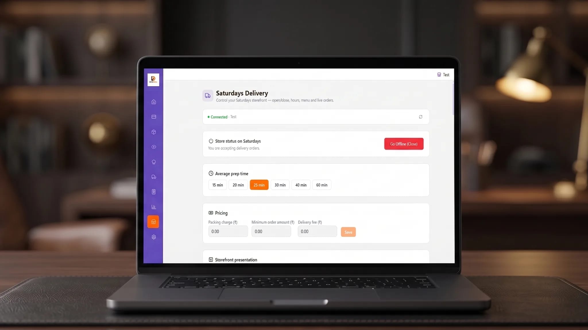 DineGuru — The Saturdays channel: store status, prep time and delivery pricing in one panel.