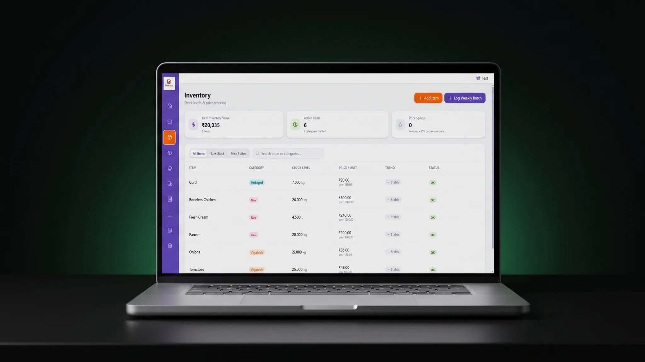 DineGuru — Inventory — stock value, live items and price spikes across the catalogue.
