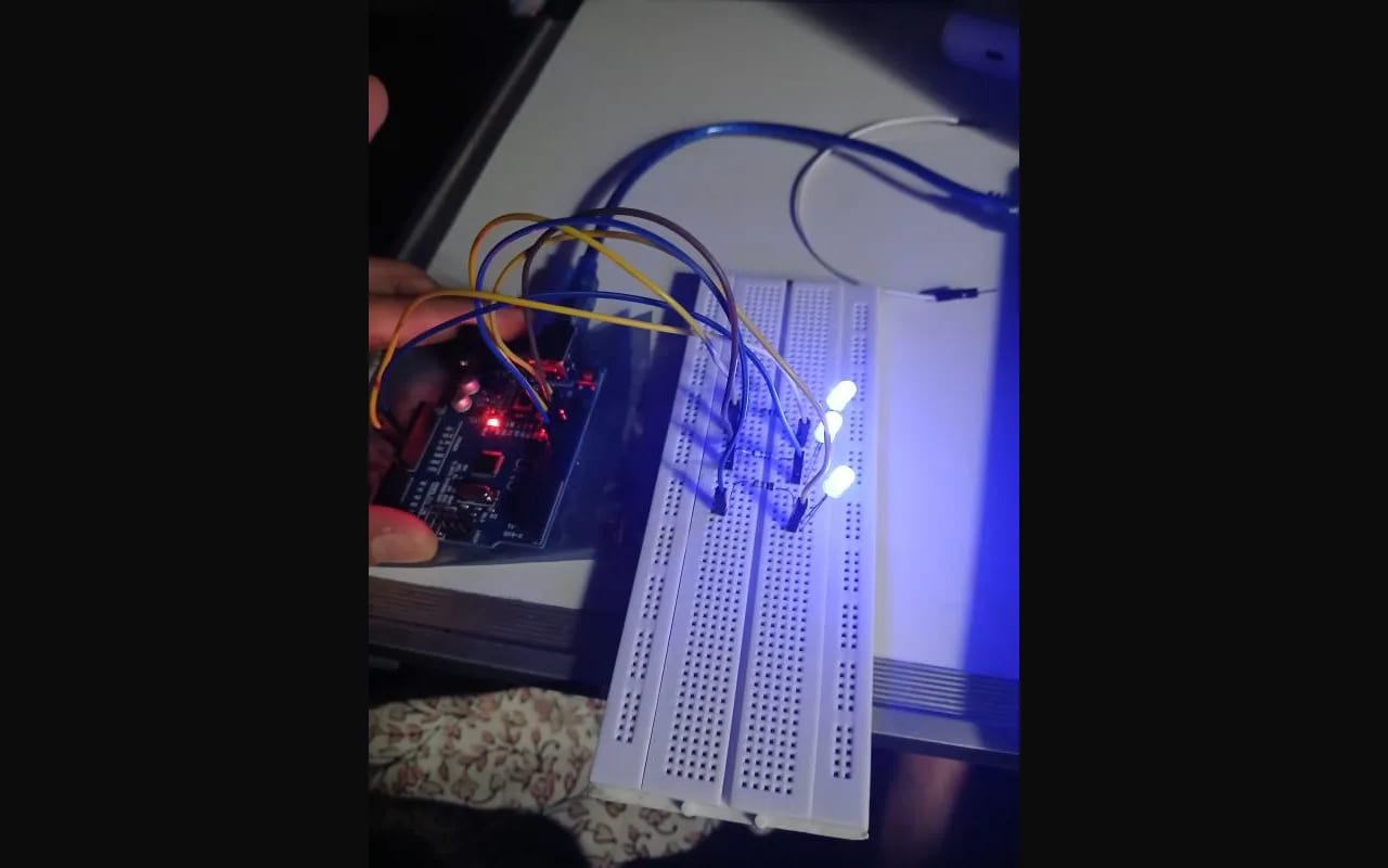 IoT Smart Home Automation — The output end: LEDs on the breadboard, lit from the Arduino.