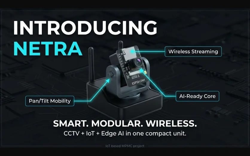 Netra — The unit itself — ESP32-CAM on a pan-tilt base, streaming over wireless.