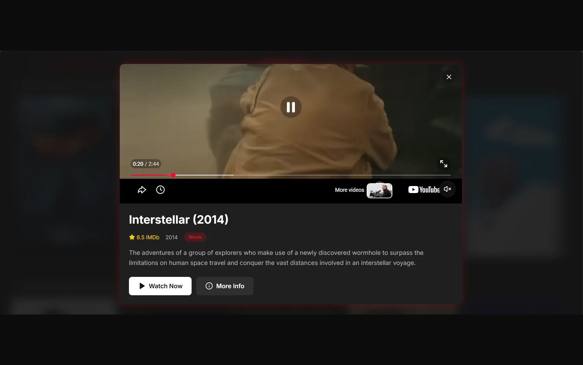 Content Recommendation Engine — A title opened: rating, synopsis and the trailer, without leaving the row.