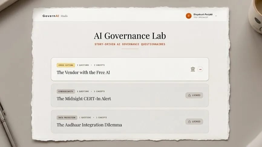 GovernAI Studio — The scenario list — each one a dilemma, unlocked in order.