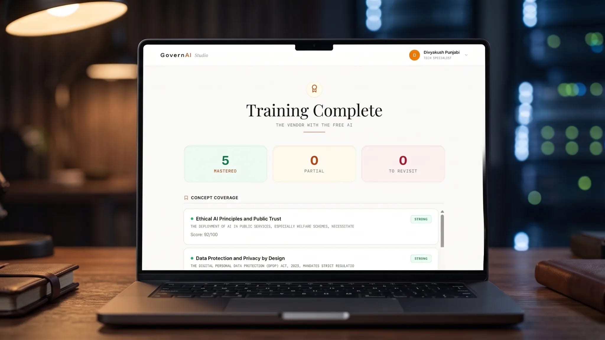 GovernAI Studio — Training complete — concepts mastered, partial and still to revisit.