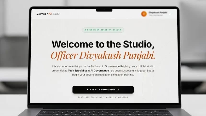 GovernAI Studio — Enrolment: the credential logged before the first simulation runs.