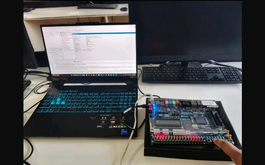 Adaptive Traffic Light Controller — The bench it was brought up on — board, host and the switches driving input.